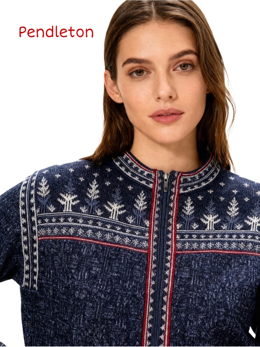 PENDELTON 
Navy Fair Isle Zip Cardigan with Red Trim